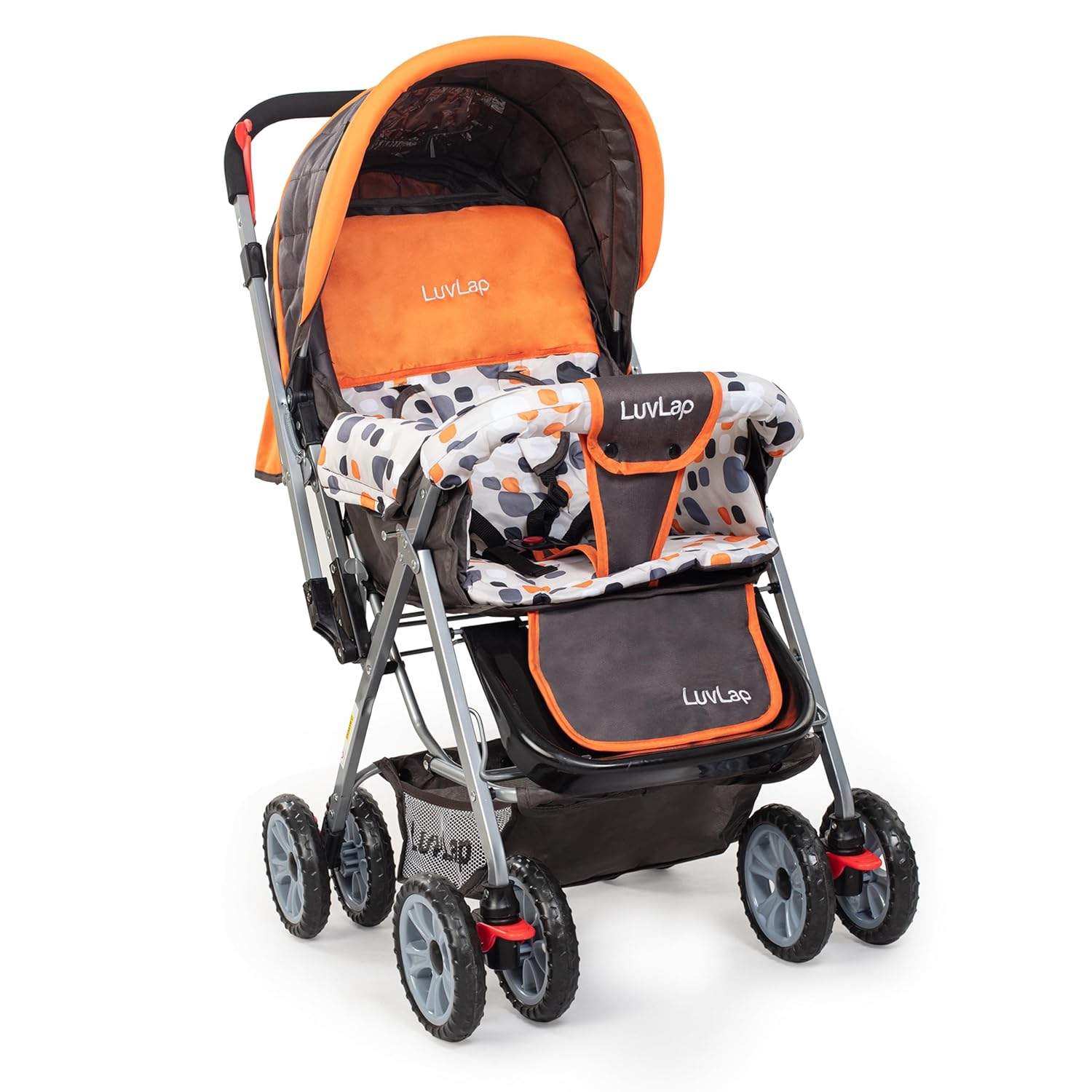 LuvLap Sunshine red and black baby stroller with 5-point safety harness. www,usmile.toys